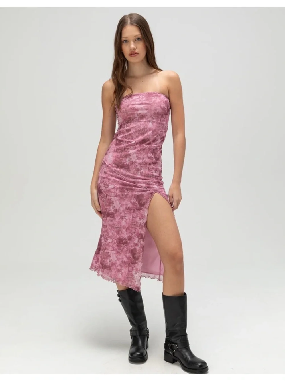 Sz L Tilly's Full Tilt Pink Mesh Tube Side Slit Midi Dress NWT